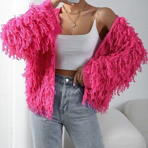 Hot Pink Casual Women's Shaggy Knit Duster Cardigan